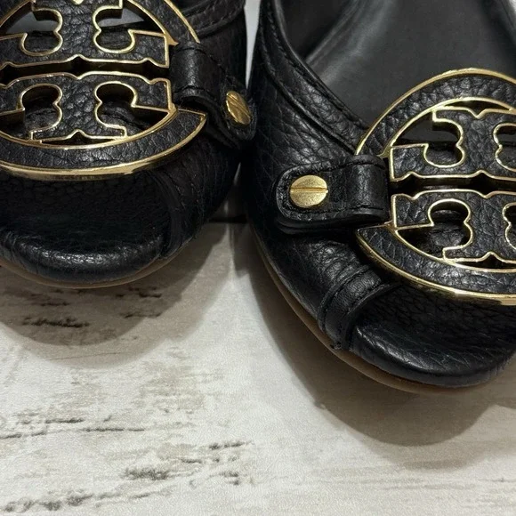Tory Burch Shoes Amanda Size 6.5 Black Leather Peep Toe Wedge Heels - Picture 10 of 10